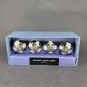 Home Essentials Drawer Pull Knobs Round Black White Silver Floral Set of 4